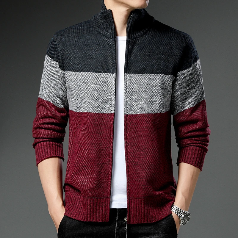 Autumn and Winter Fashion Multi Functional Jacket with Velvet Warmth for Men's Casual Contrast Color Long Sleeve Knitted Top