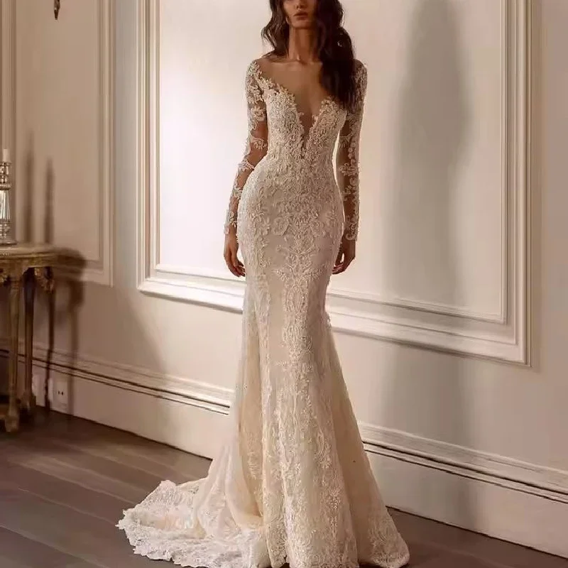 Onelife personalización Sexy vestido De novia sin espalda cariño manga larga sirena Vestidos De novia pegatinas De encaje Vestidos De novia