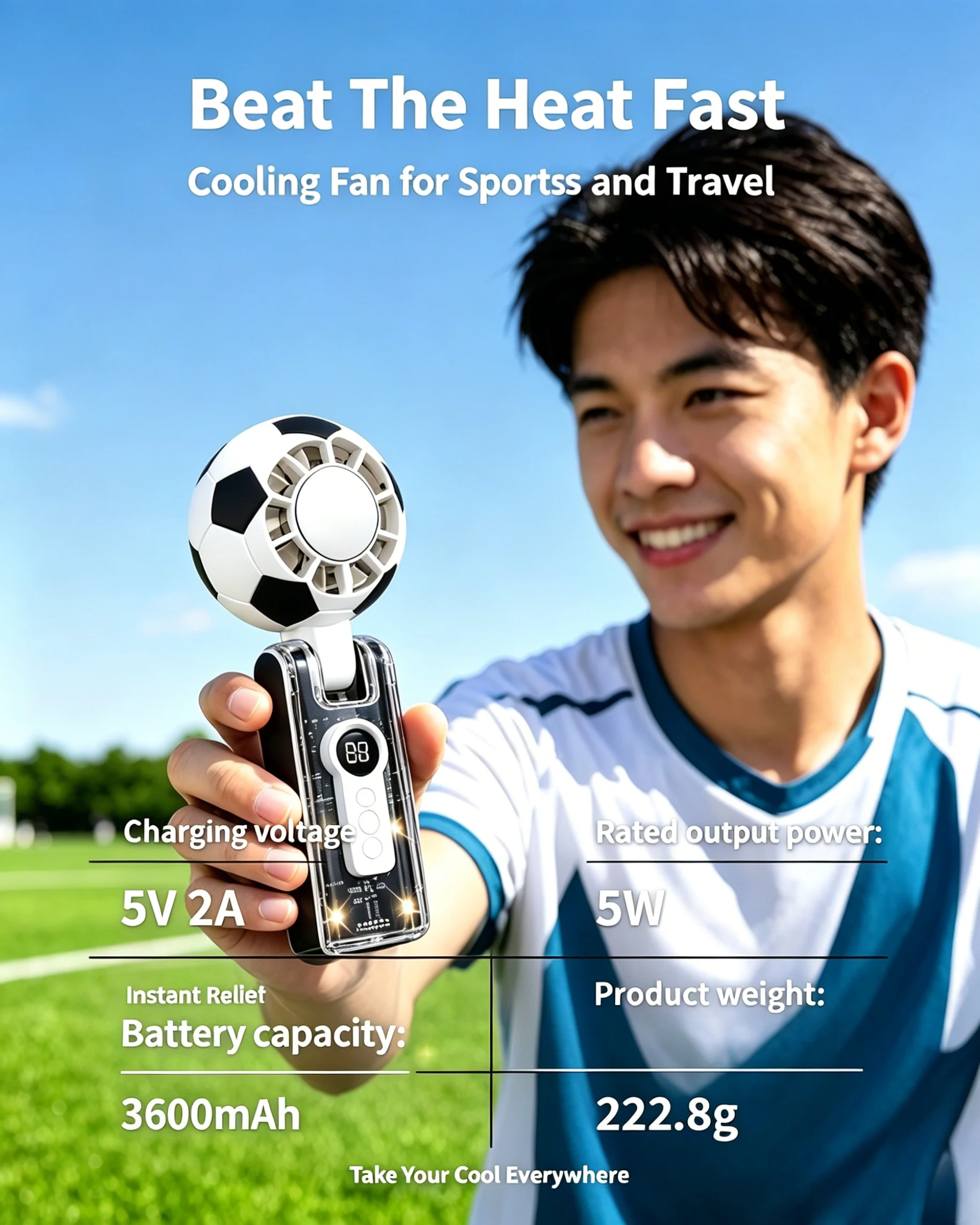 X68 Foldable Portable Mini Fan Football Pattern Design, Semiconductor Fast Cooler USB Charging Hand Fan