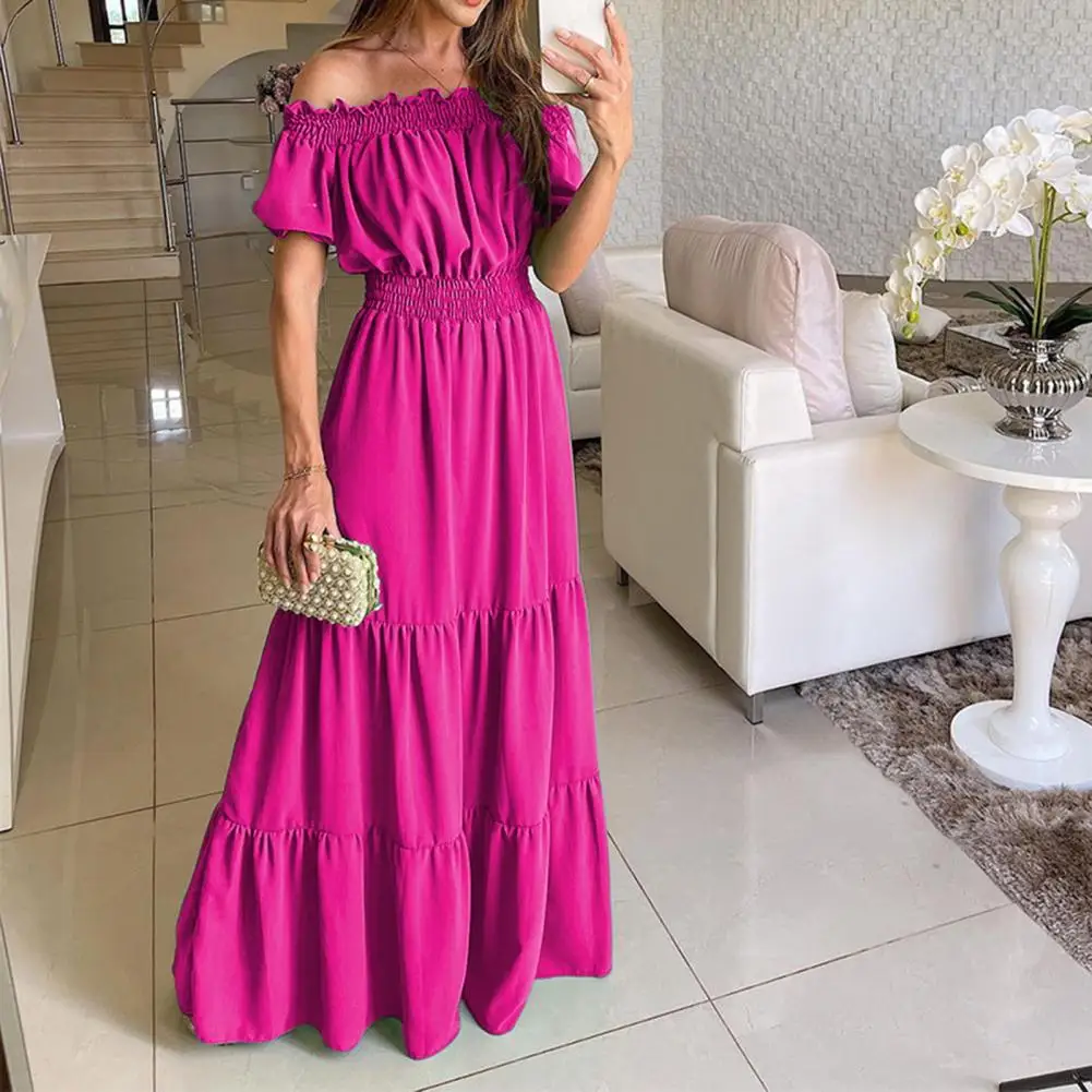 Robe Boho à Manches Courtes Bouffantes pour Femme, Taille artificiel astique, Grand Ourlet, Ligne A, Taille Haute, Couleur Unie, Maxi, Été 2023