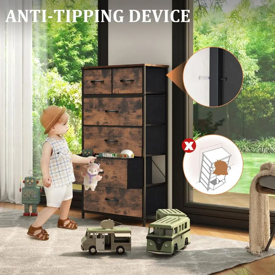 Cômoda de tecido para quarto, cômoda alta e magra com 6 gavetas, torre organizadora de armazenamento, estrutura de aço, tampo de madeira para armário, liv