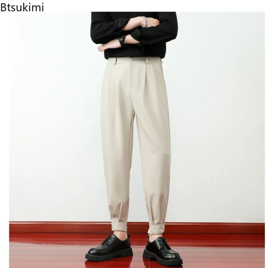 New Fashion Men Solid Casual Pants Elastic Waist Small Feet Slim Trousers Korean Style Pleated Tapered Men Suit Pants Streetwear
