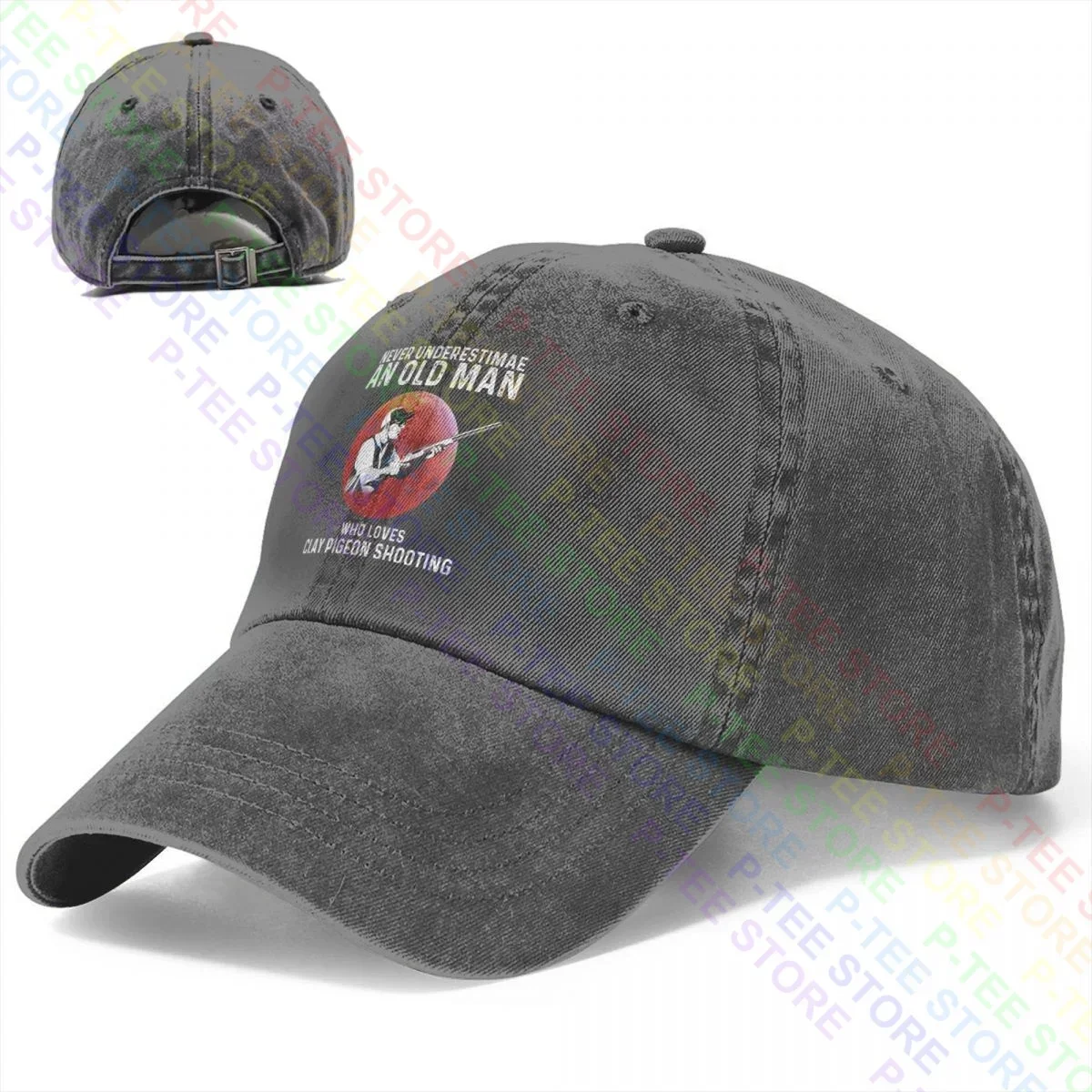 Never Underestimate An Old Man Who Loves Clay Pigeon Shooting Washed Denim Baseball Cap Trucker Hats Design