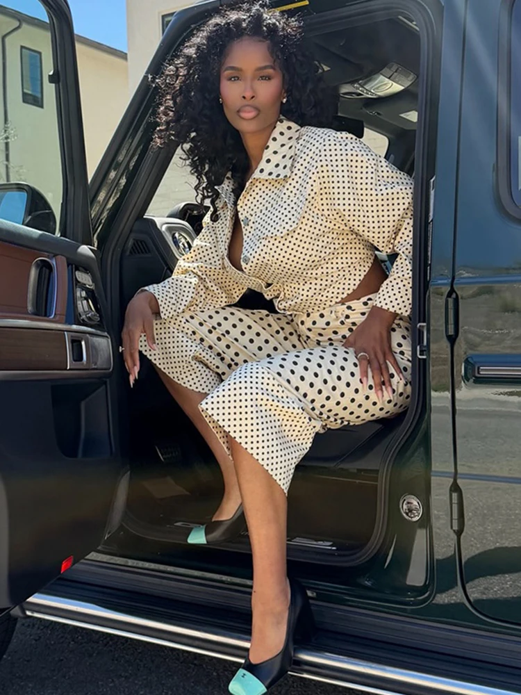 Retro 90s Vintage Retro Clothing Women Polka Dot 2 Piece Outfit Turn Down Collar Long Sleeve Shirt with High Waist Cropped Pants