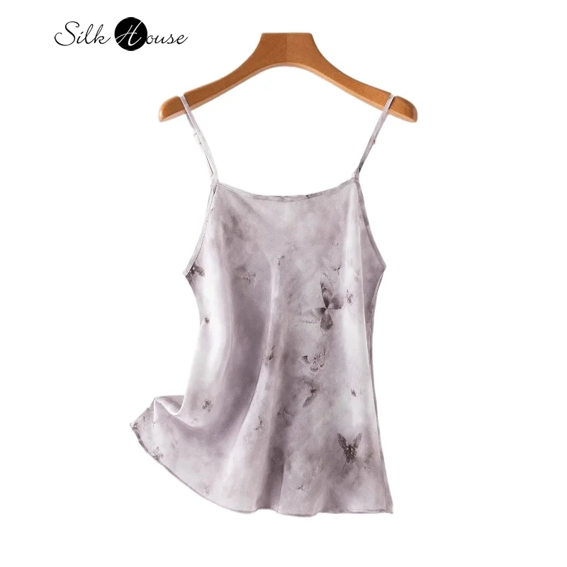 

Women's Casual Summer New 100% Natural Mulberry Silk Crepe De Chine Versatile Print Oblique Cut Short Sexy Small Suspender