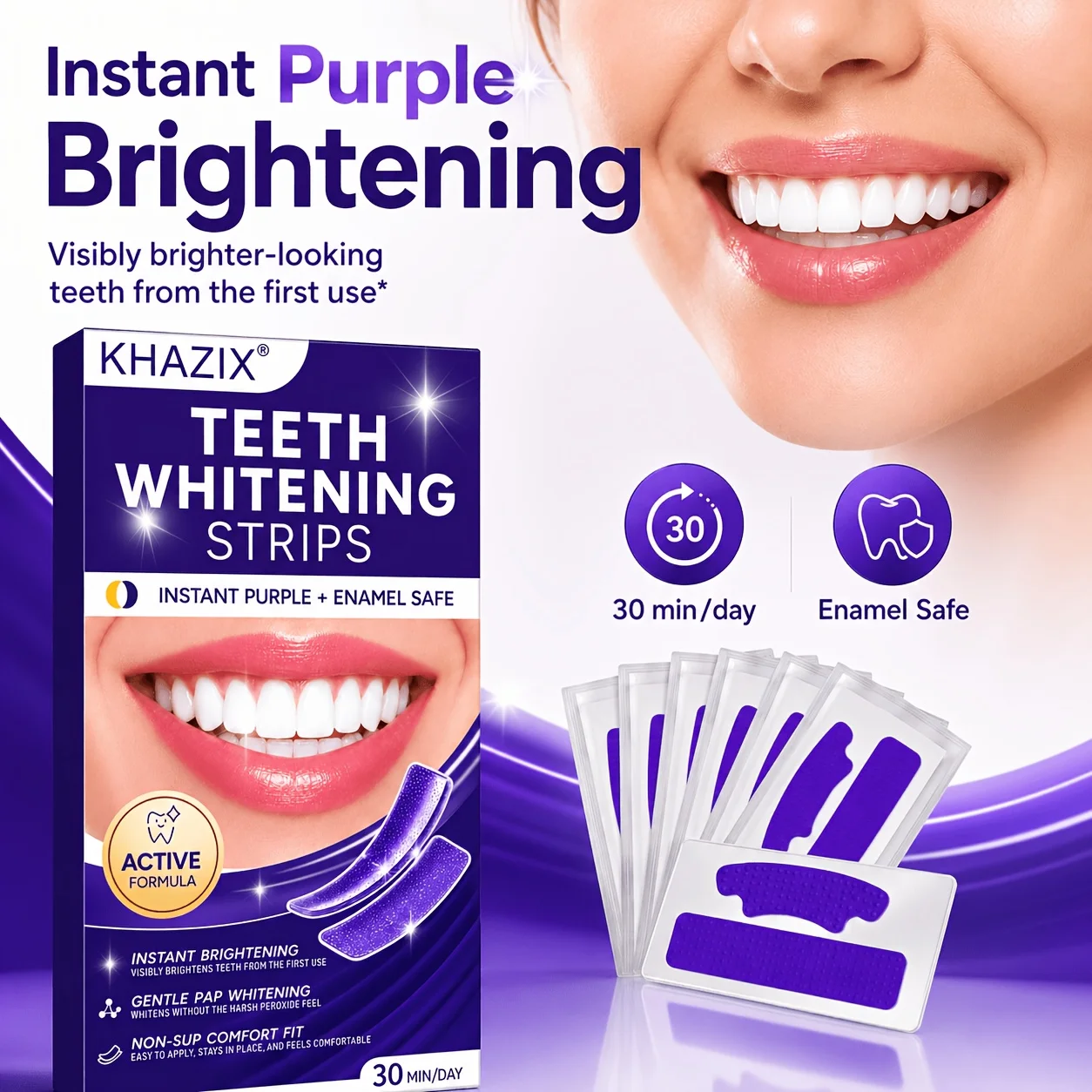 5/10pairs Purple Teeth Whitening Strips, tightly adhere to teeth, do not slide sideways, gently whiten teeth, does not harm gums