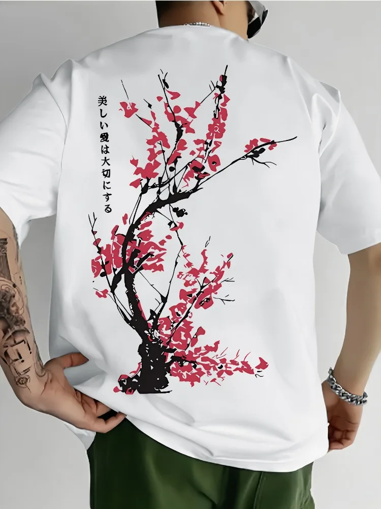 Mens Loose White Crewneck Tee Traditional Cherry Blossom Ink Art Vertical Japanese Text Back Graphic Cotton Urban Daily Shirts