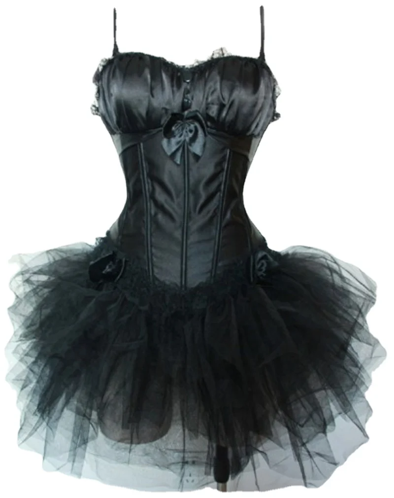 Vocole Gothic Burlesque Black Satin Corset Top withTutu Skirt Outfit Women Halloween Costume Party Dress Size S-XXL