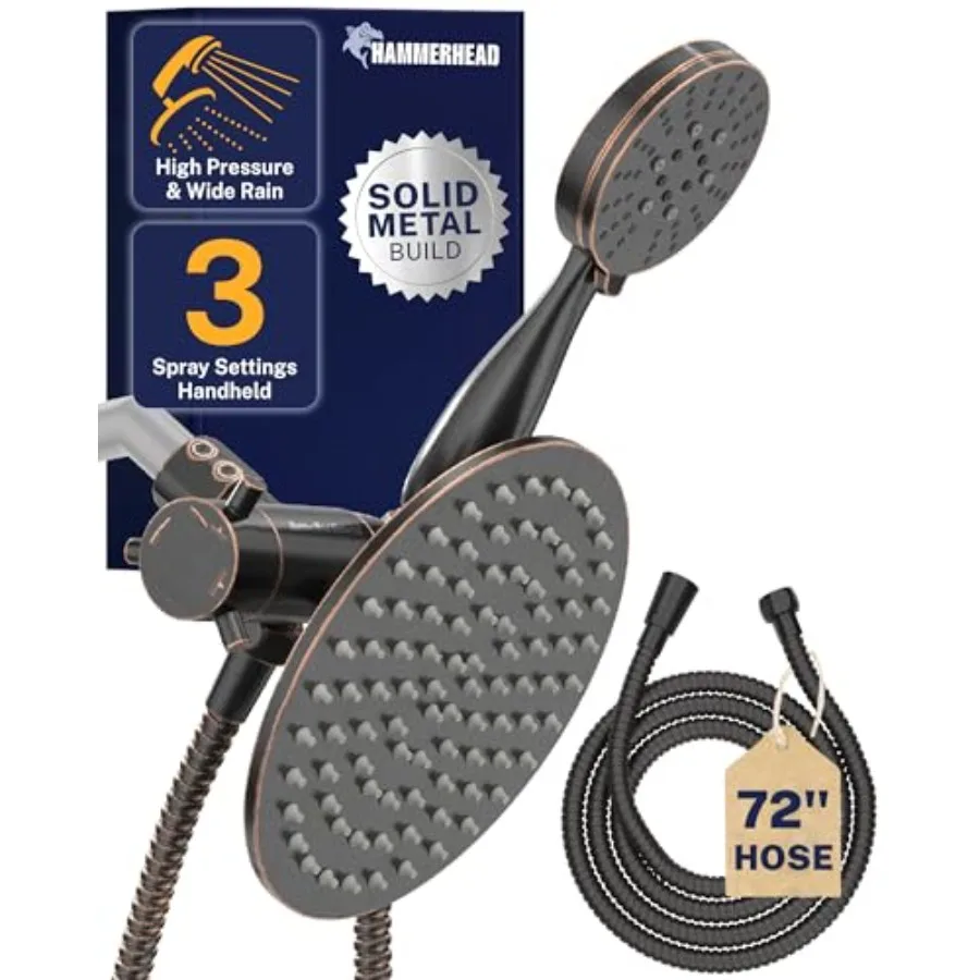 

Dual Shower Head Combo for bathroom use, brass construction, oil rubbed bronze finish, 8-inch rainfall and 3-flow handheld with