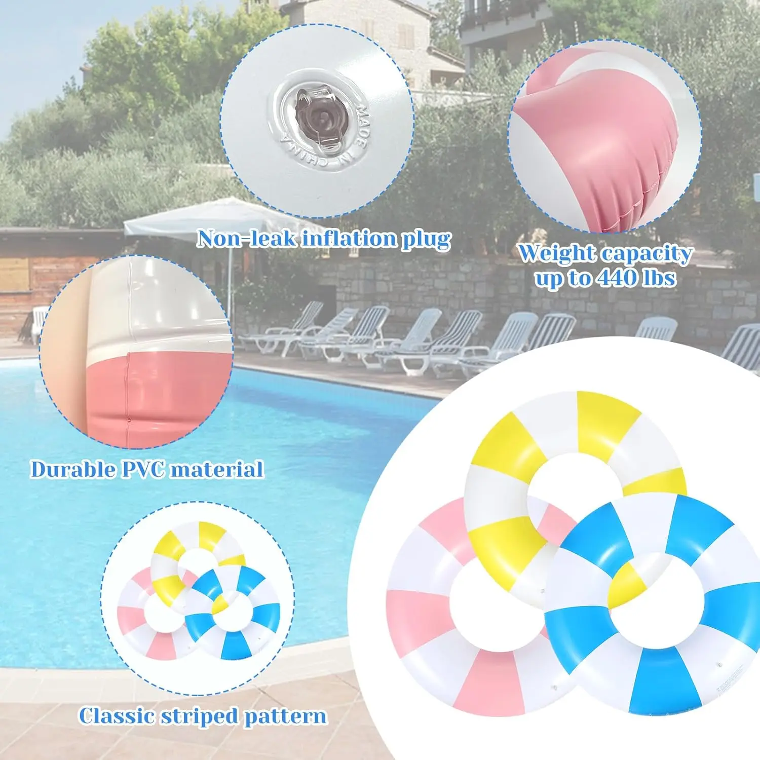 3 Stück 39,4 Zoll Jumbo-Schwimmring mit lustigen Drucken, gestreifte Poolschwimmer, Poolschläuche, aufblasbare Poolschwimmer, Sommer-Schwimmschwimmen