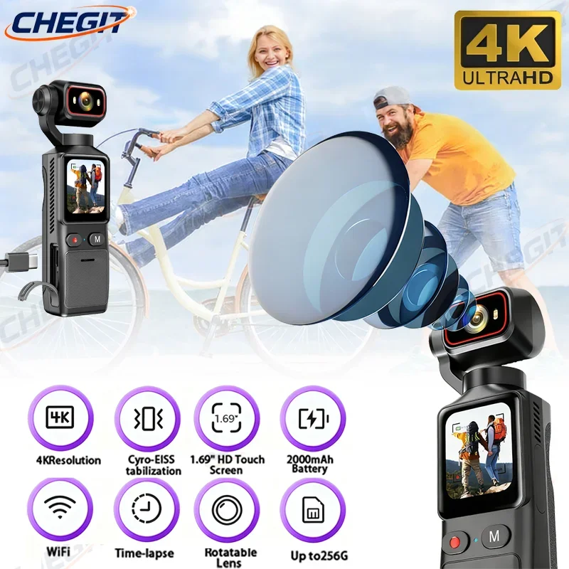 

4K Pocket Action Camera with 1.69" HD TouchScreen Image Stabilization Sport BodyCam Portable Small Digital Vlog Camera with WiFi