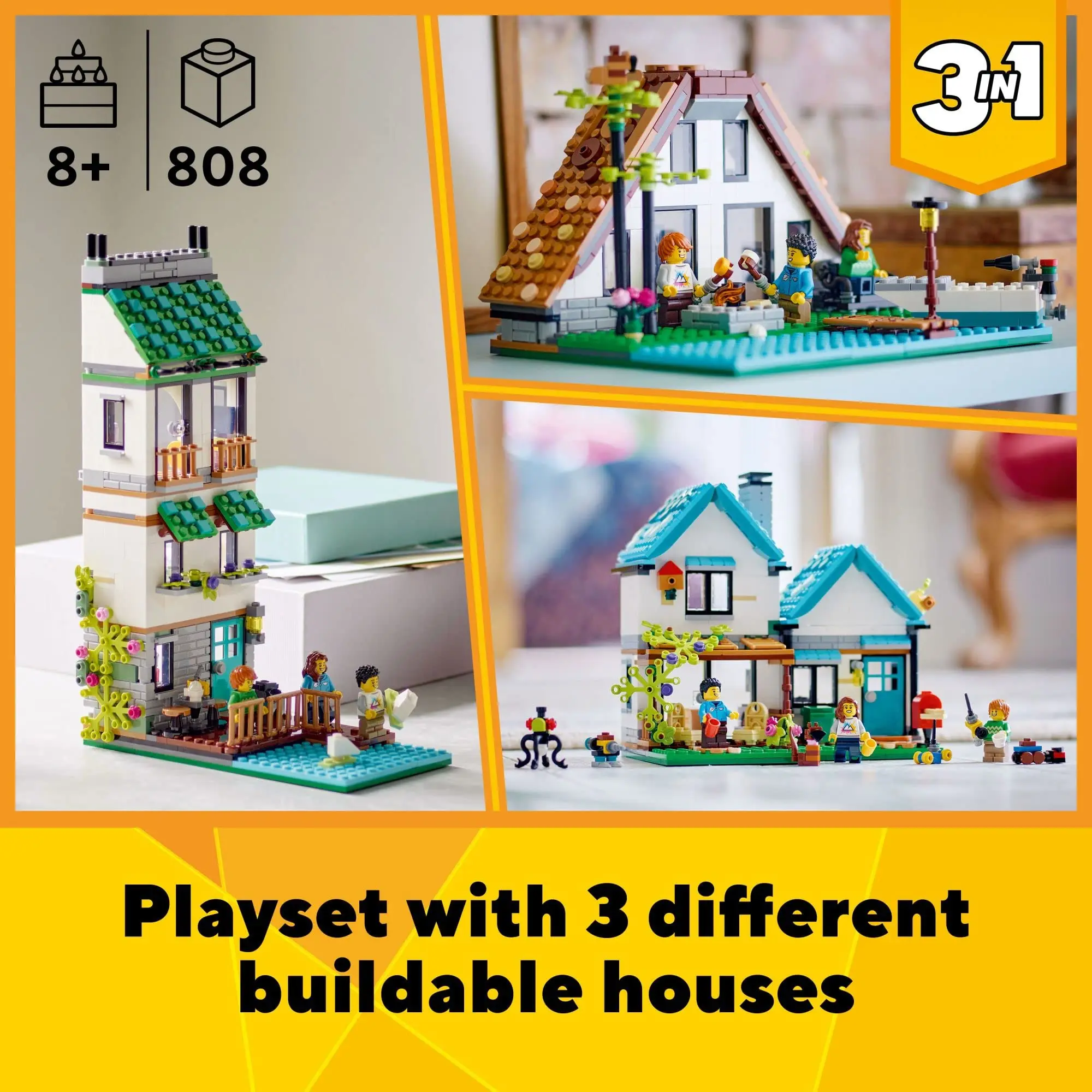 LEGO Creator 3 in 1 Cozy House Toy Set 31139 Building Kit with 3 Different Houses Plus Family Minifigures Accessories Gift