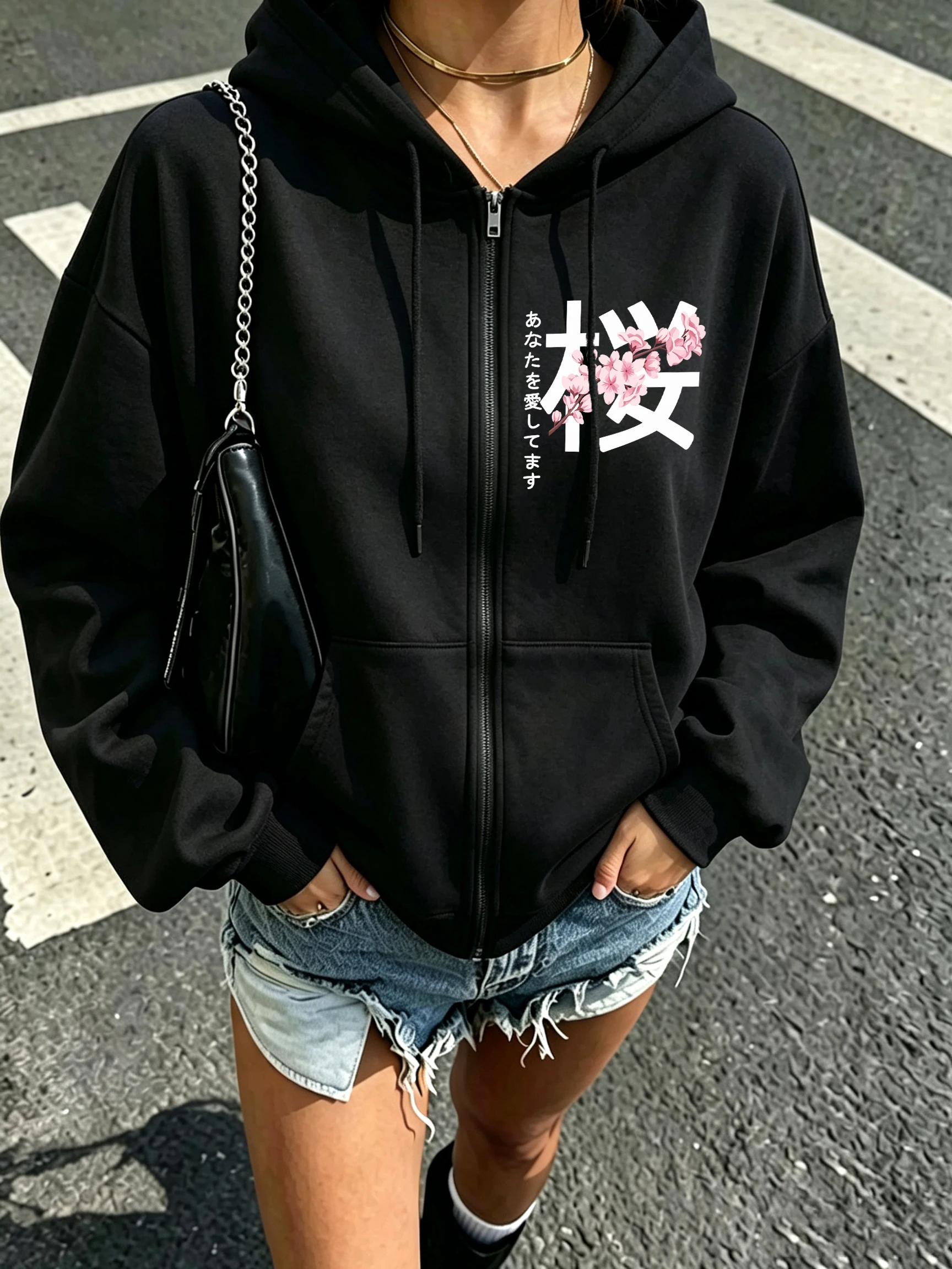 Cherry Blossoms I Love You Print Women Zipper Hoody Hip Hop Fleece Hoodies Autumn Casual Zip-Up Streetwear Pocket Loose Hoodie