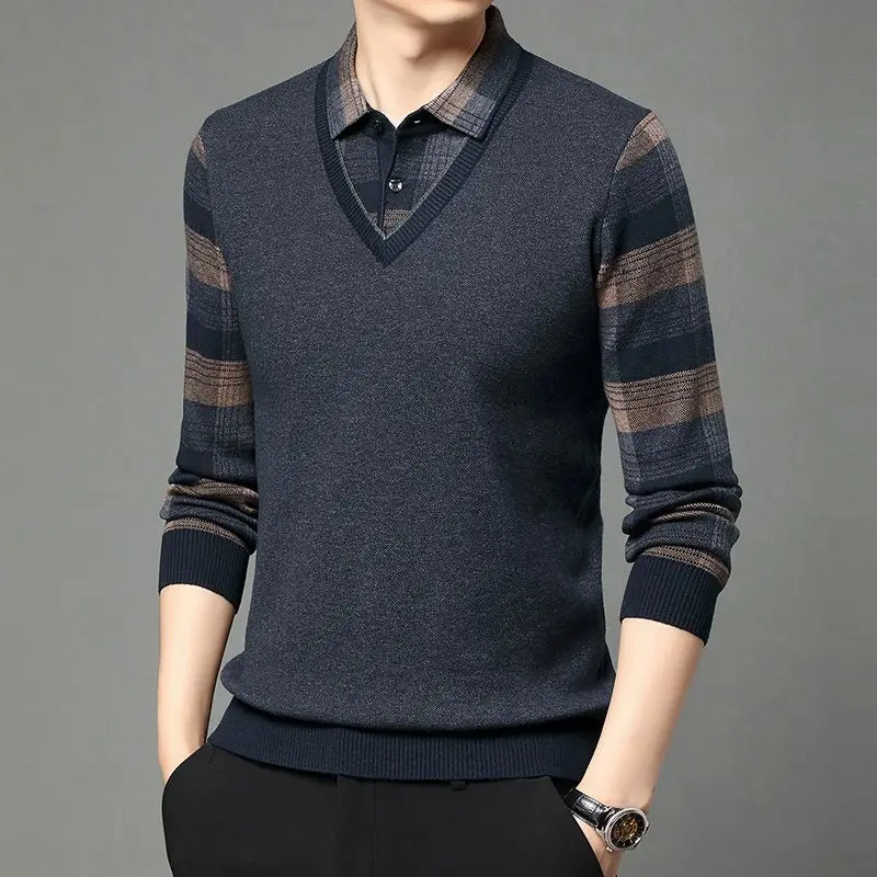 

Мужской вязаный свитер-двойка из искусственного трикотажа, повседневный, с воротником-стойкой, осенне-зимний, для делового и повседневного стиля, базовый топ
