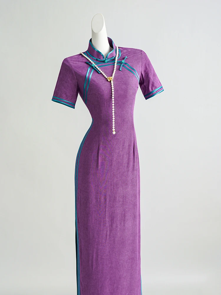 

Young Sle Purple New Improved Version Retro Republic of Chi Daily Wear Ele Simple Long Sve Long Dr