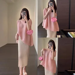 Pleated Fashion Temperament Solid Loose Plus Size Comfortable Diagonal Hem Top + Wrap Hip Half Skirt Summer Wear 2024 Summer New