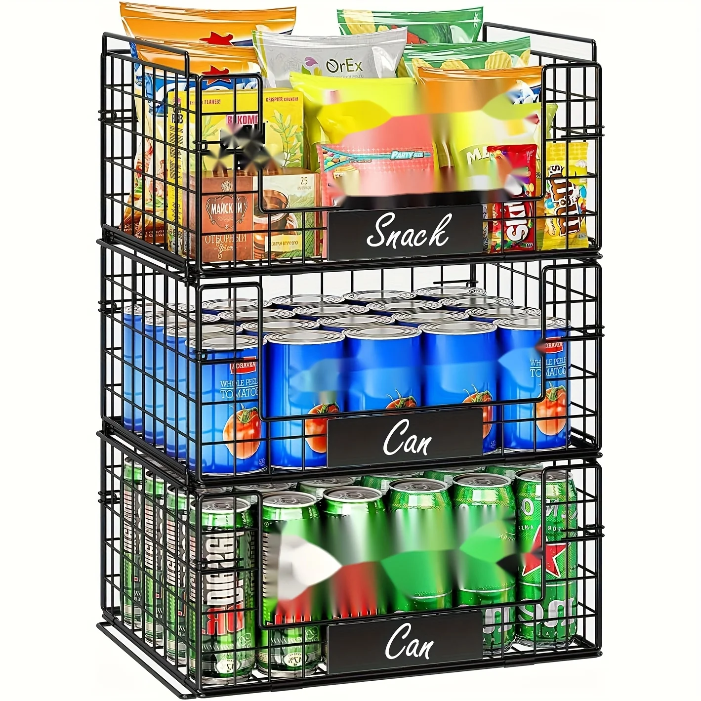 

3-Pack XXL Stackable Wire Baskets with Comfort Handles – Ideal for Pantry, Fruit & Veggie Storage, Snack Cans, and More | Includes Removable Name Plates for Easy Labeling | Sturdy Metal Construction, Open-Weave Design for Airflow & Visibility | Space-Savi