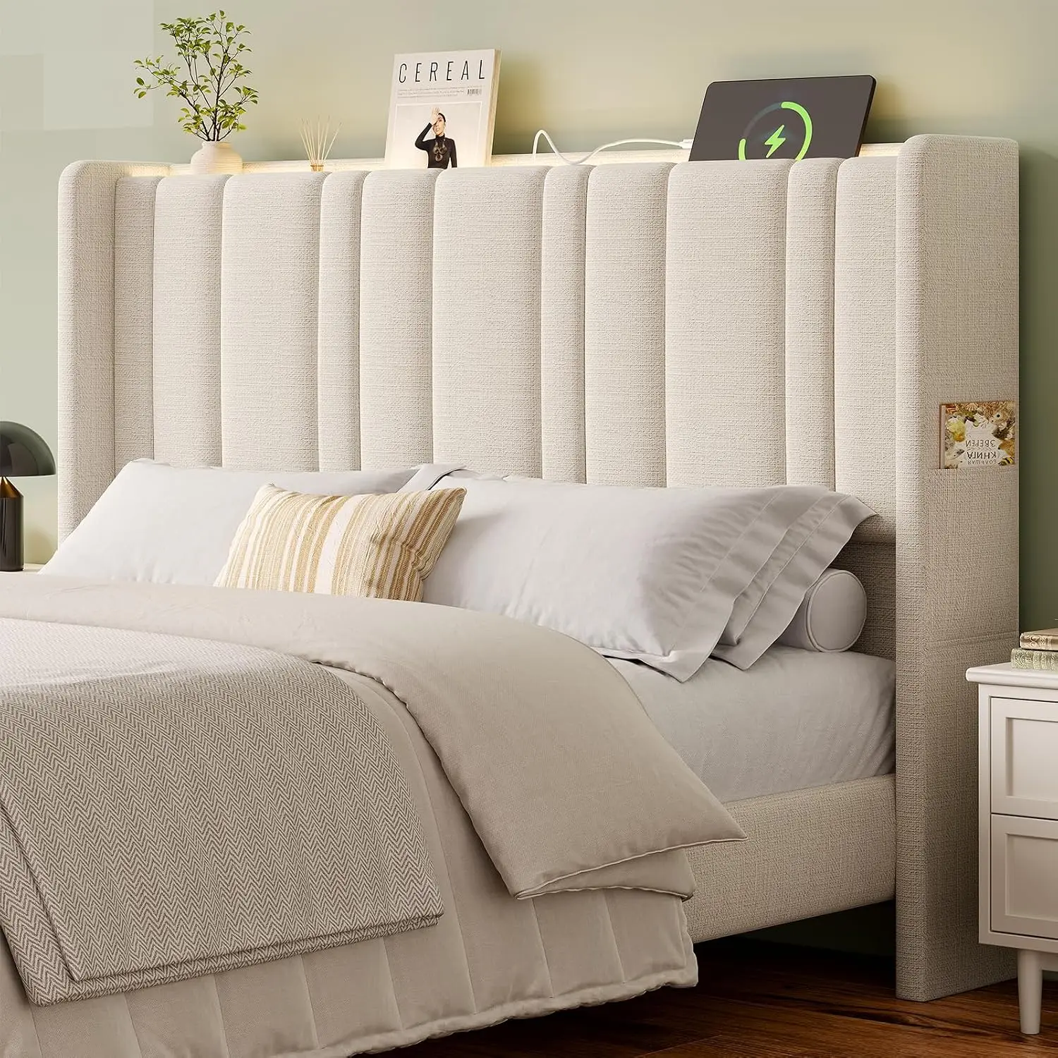 Queen Headboard With Storage, Linen Vertical Wingback, Off White, Customized