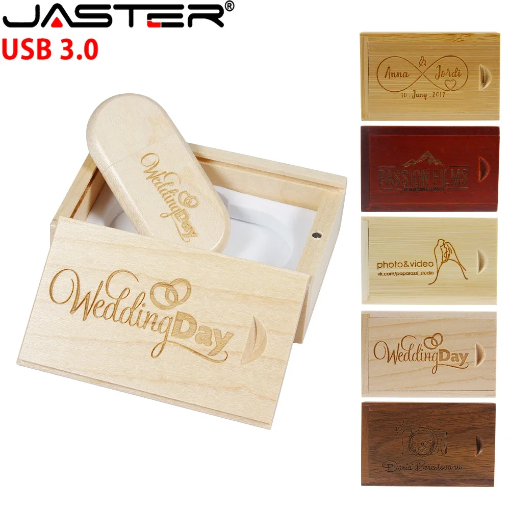 1PCS Free Custom Logo USB 3.0 Flash Drive 128GB Wooden Box Pen Drive 64GB Memory Stick 32GB Creative Wedding Gift Pendrive 16GB