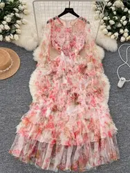 Summer Autumn Layer Ruffles Cake Prom Evening Tulle Dress Women Long Sleeve Floral Print Party Vestidos Midi Robe Mesh Pink