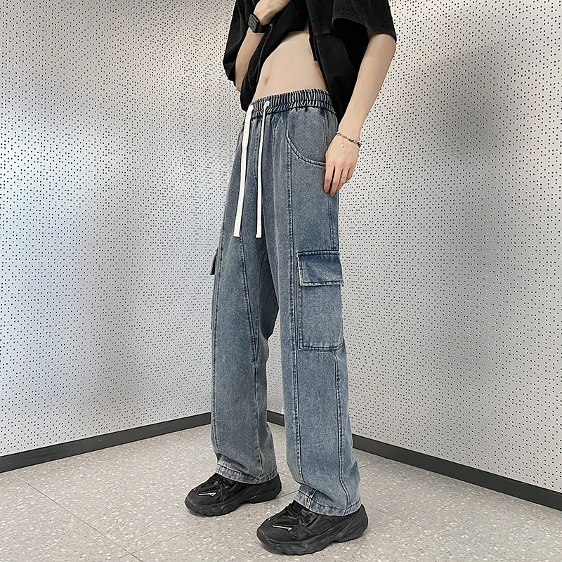 Men Jeans Straight Denim pants Tooling Denim Pants Men's Hip Hop Streetwear Neutral denim Trousers Elastic Waist Cargo jeans
