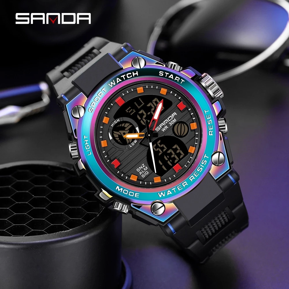 

SANDA Top Brand Men Watch For Men Clock Dual Display Outdoor Military Sports waterproof S shock Symphony bezel Men Watch