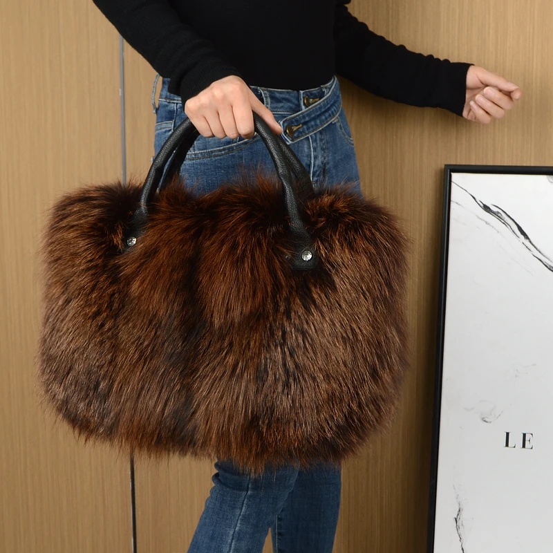 Red Fox Fur Handbag Women Single Shoulder Crossbody Bags Lady Clutch Bag Real Fur Tote Bag Winter Ladies Warm Shoulder Bags