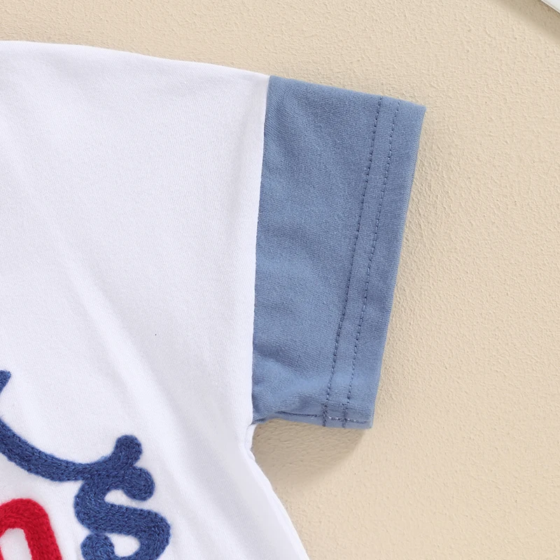 2024-03-18 Lioraitiin Baby Girls Boys Independence Day Romper Short Sleeve Crewneck Letter Embroidery Contrast Color Romper image 6
