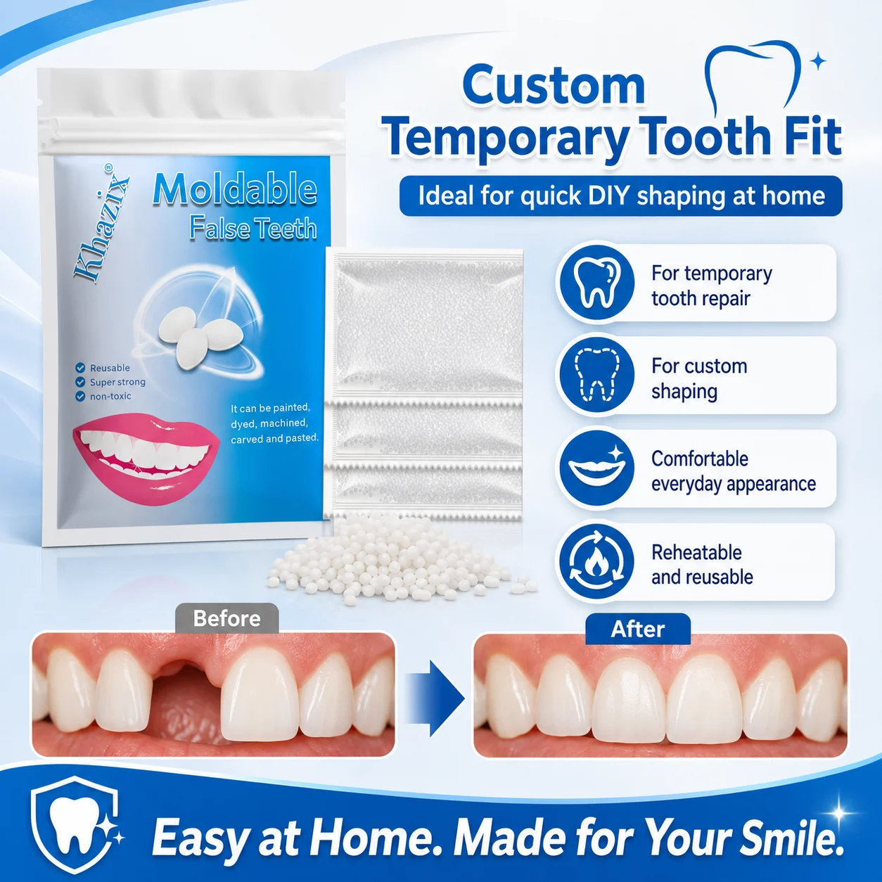 10g Temporary Teeth Beads DIY Cosmetic Smile Fix Moldable White Beads Easy to Shape for Natural-Looking Teeth