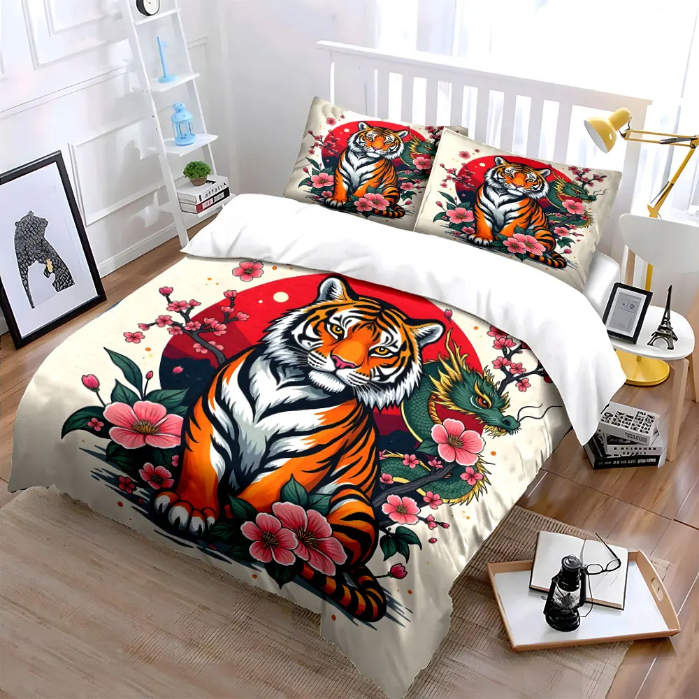 Tiger and dragon surrounded by cherry blossoms Print Bedding Set 1 Duvet Cover 2 Pillowcases for Adult and Children Luxury Gift