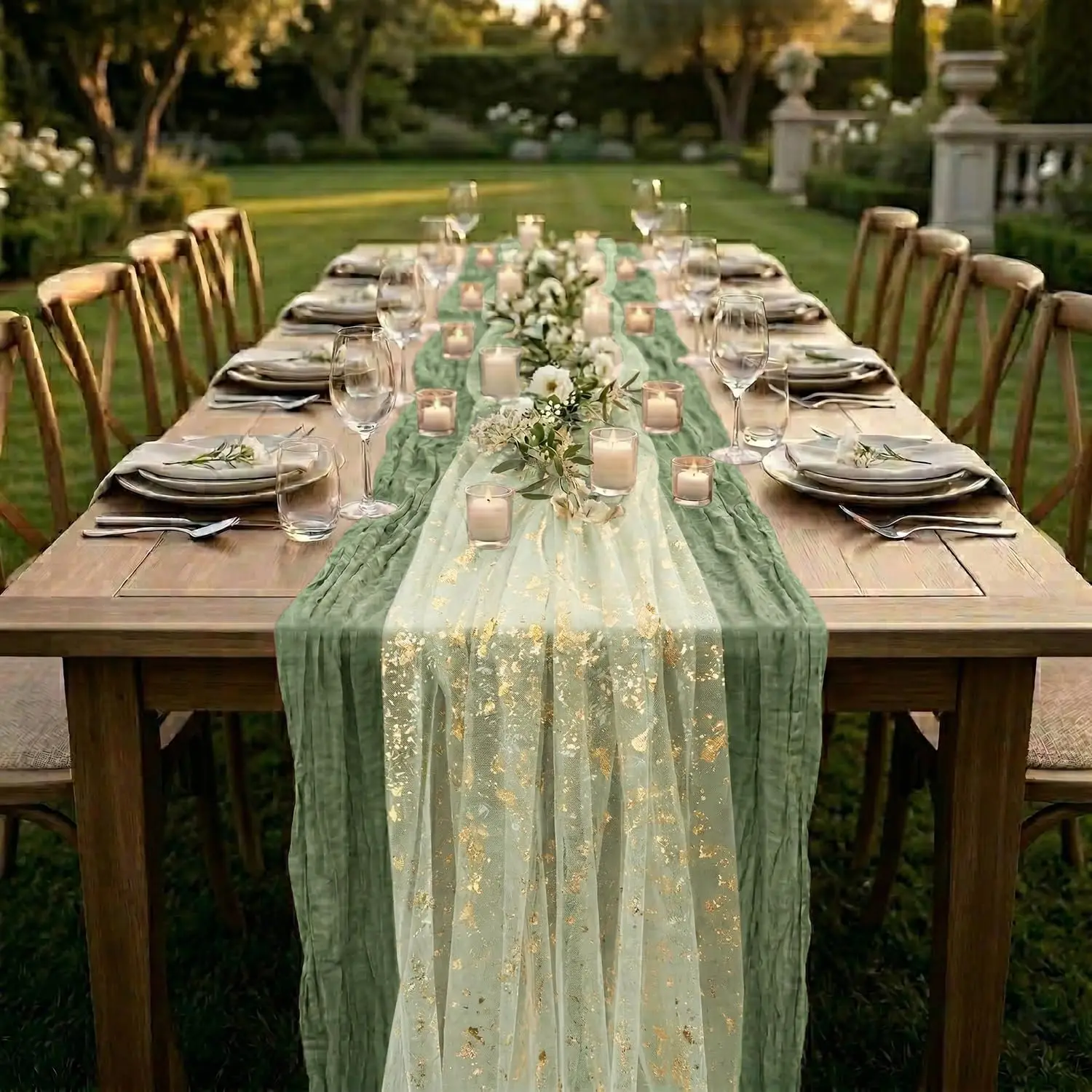 2packs Cheesecloth Table Runner Sage Green Gauze Gold Glitter Tulle Rustic Boho Tablecloth for Wedding Party Birthday Home Decor