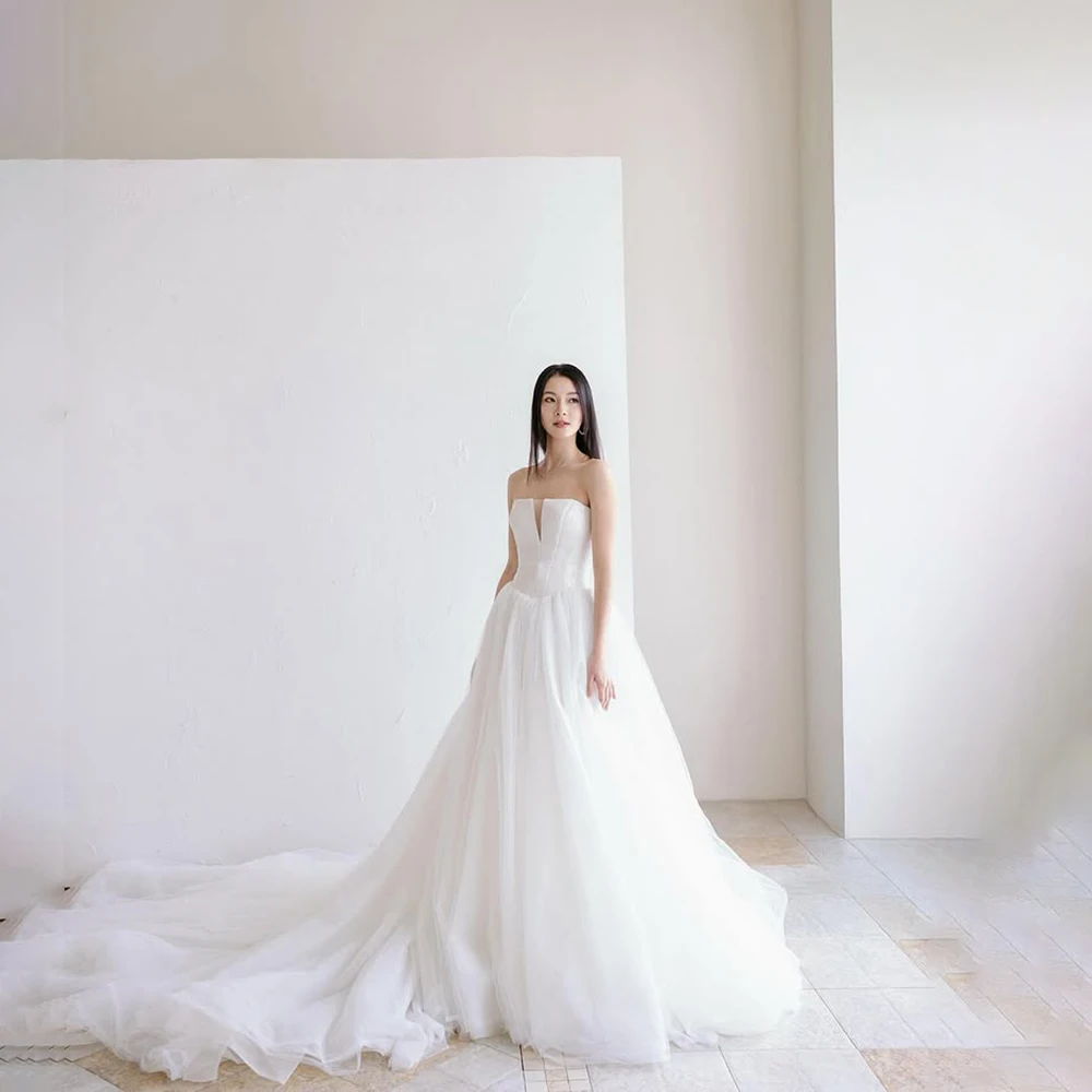

Customized Strapless Sleeveless Sleeveless Party Wedding Dress Tull Skirt Bridal Gown robe de mariéePlus Size Prom Dresses