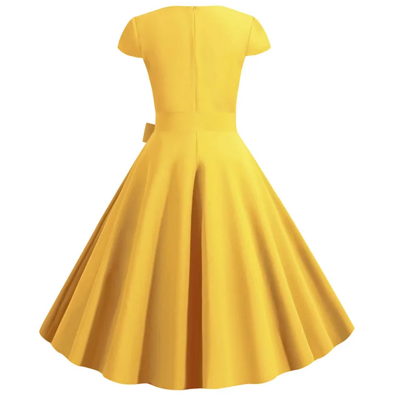 Abito vintage estivo in tinta unita giallo Abito da donna a maniche corte con colletto quadrato Elegante cintura per abiti midi da festa