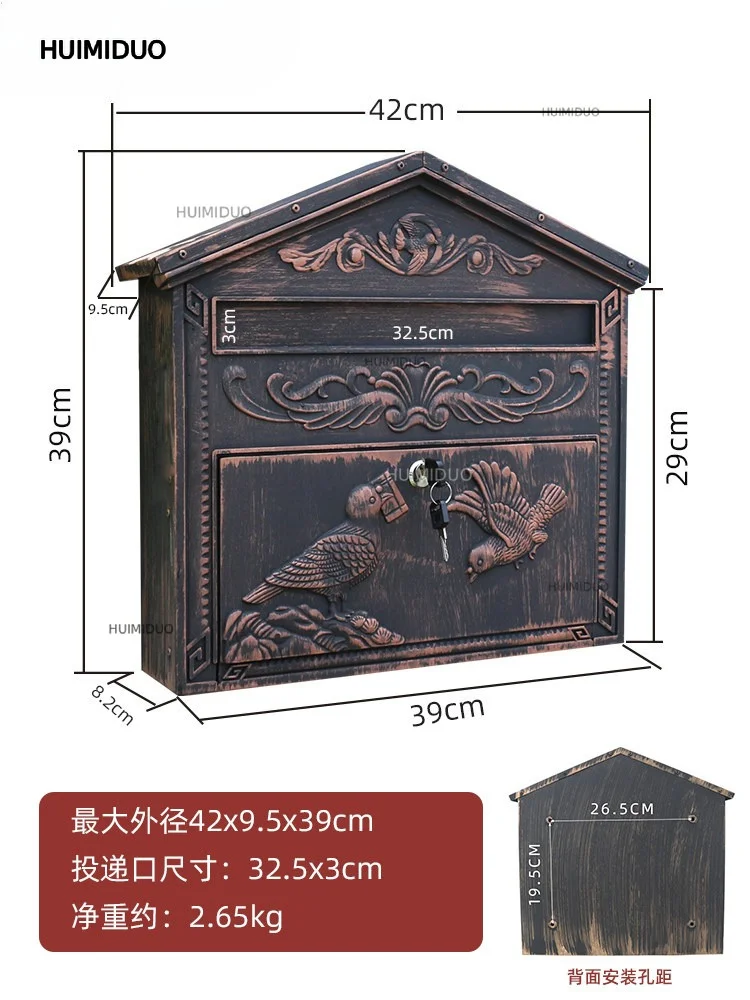 Outdoor Large European Letterbox, Wall Mount Cast Aluminum Rainproof Newspaper Milk Box, Custom Printed House Number