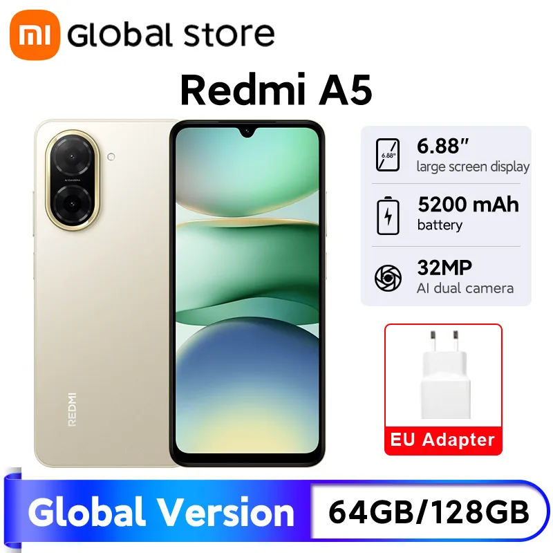 샤오미 레드미 A5 스마트폰 글로벌 버전 6.88인치 디스플레이 5200mAh 배터리 15W 고속 충전 32MP AI 듀얼 카메라 UNISOC T7250
