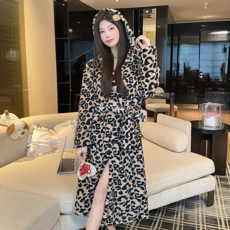 double-sided-long-plush-sleepwear-women's-leopard-print-hooded-robe-winter-autumn-seasonal-long-sleeve-high-collar-home-clothes