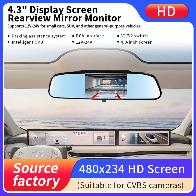 

4.3 Inch HD rearview mirror display with Parking Assistance, Universal 12V-24V , Supports CVBS Camera, RCA Interface