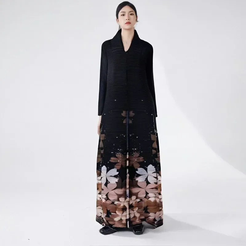 Miyake Pleated High-end Retro Printed Lace-up Windbreaker Jacket Middle Eastern New Large Size Loose Middle Eastern Robe Dress