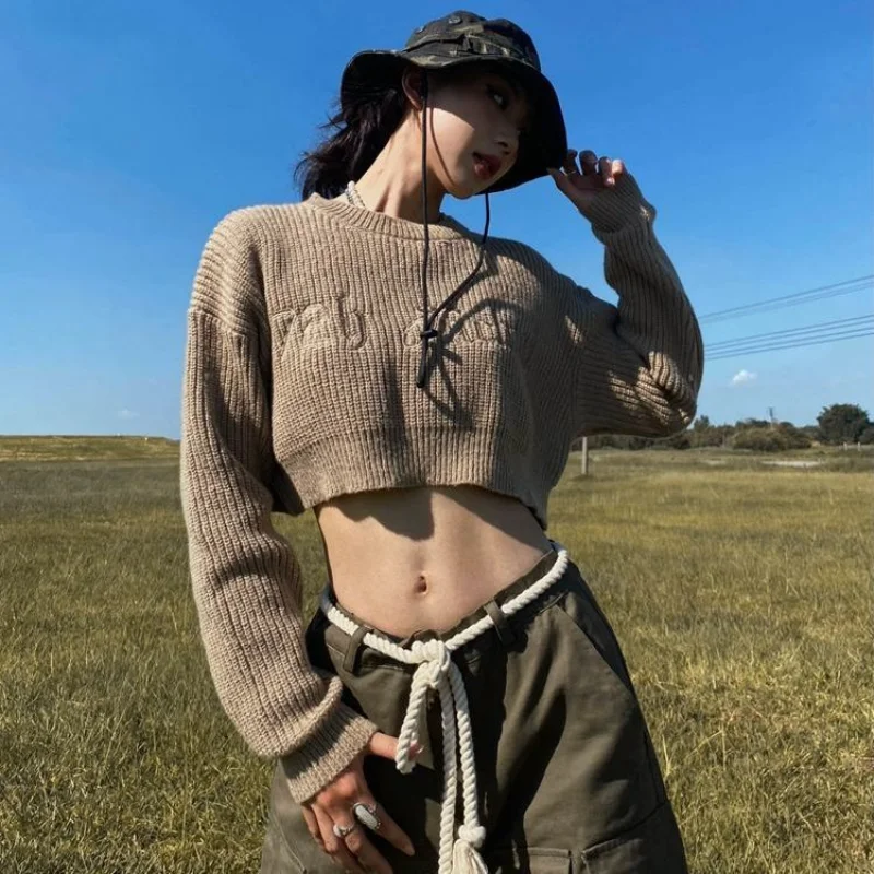 Deeptown Vintage Y2k Women Knitted Sweater Grunge Crop Top Streetwear Female Jumper Hip Hop Style Sexy Pullovers Korean Fashion