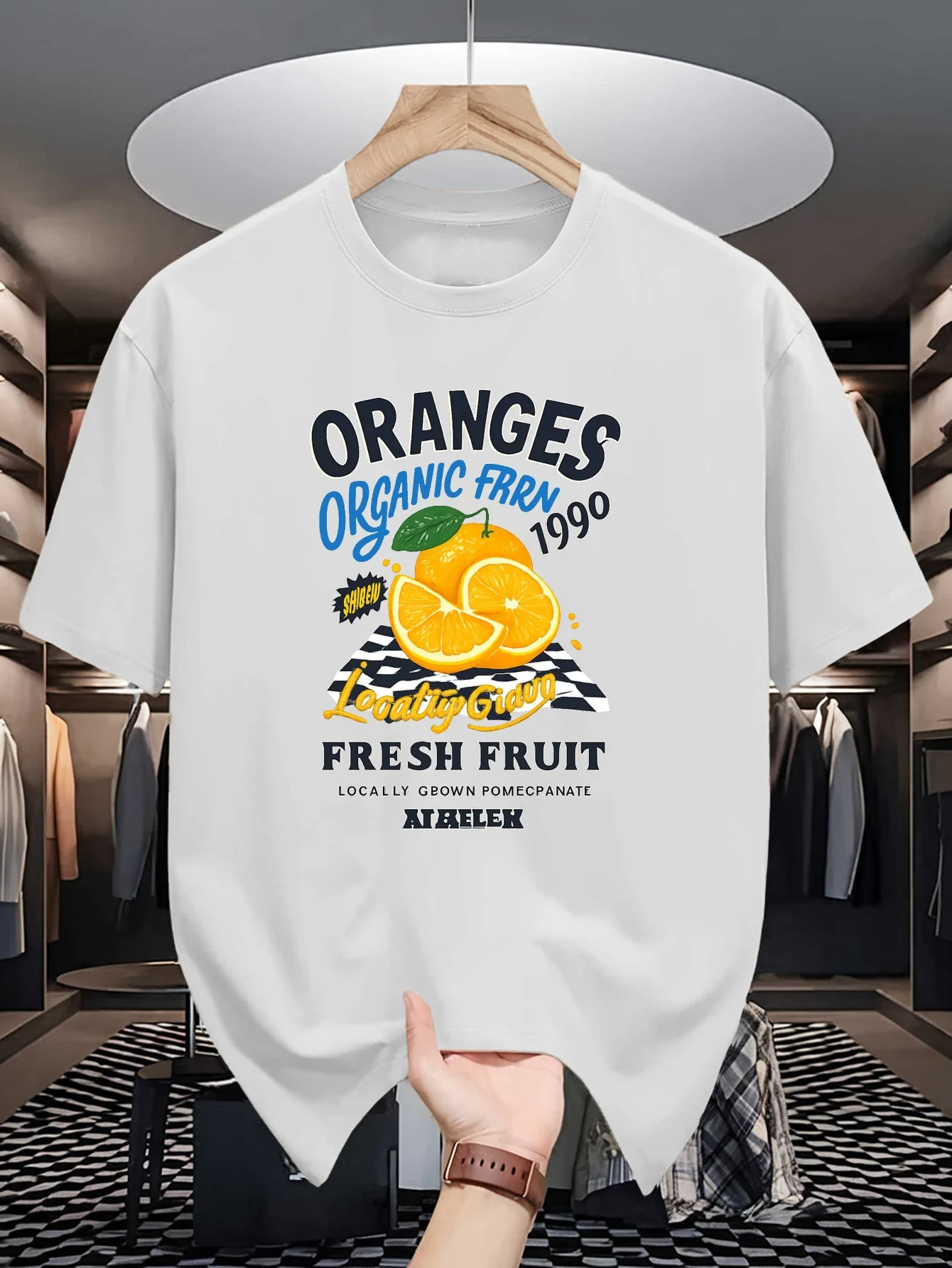 Organic Fresh Orange Print Men Crew Neck T Shirt Retro Fruit Vintage Letter Graphic Short Sleeve Casual Cotton Trendy Street Tee