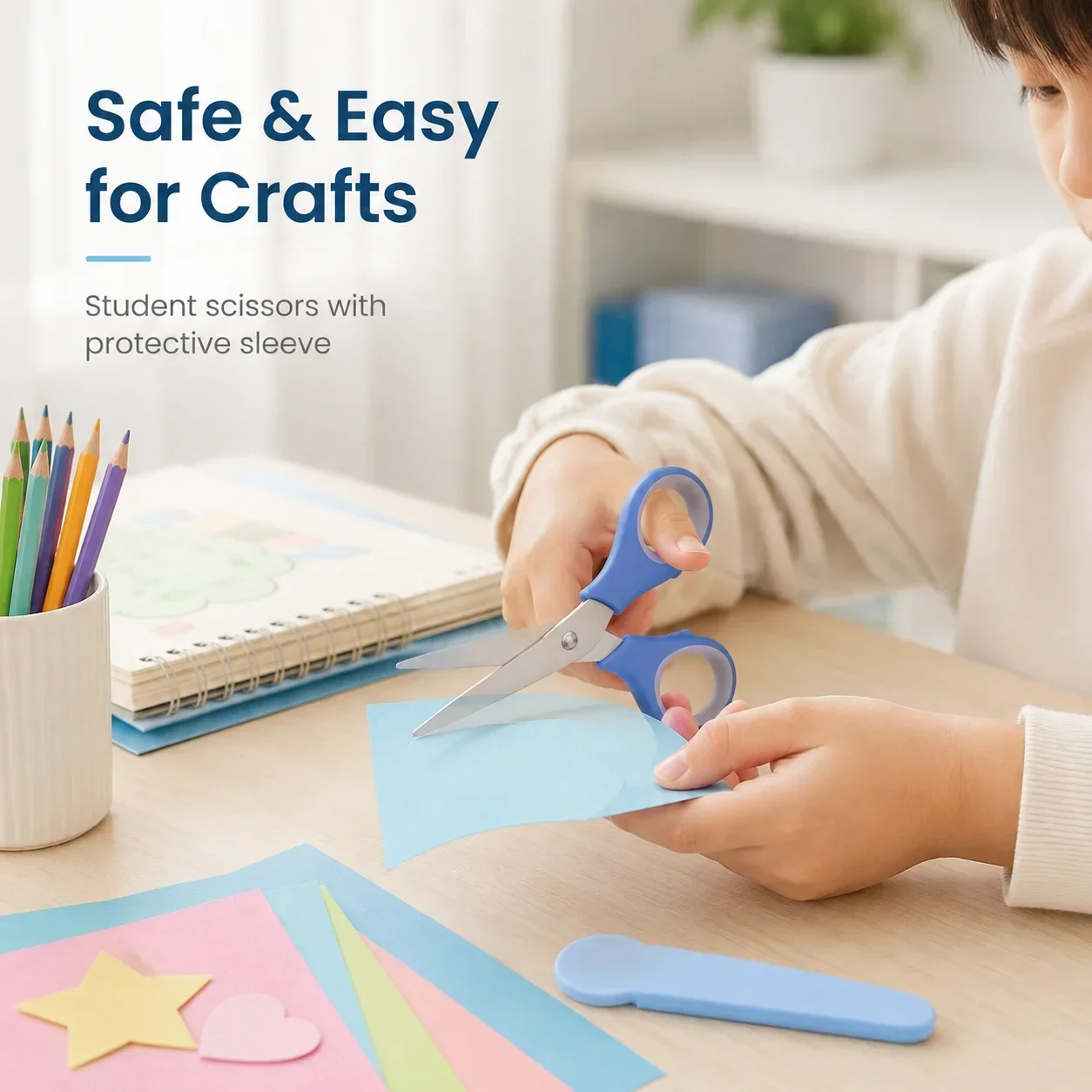 Children Safety Scissors with Protective Cover, Stainless Steel Blunt Tip Scissors, Craft Scissors for School and Home Use