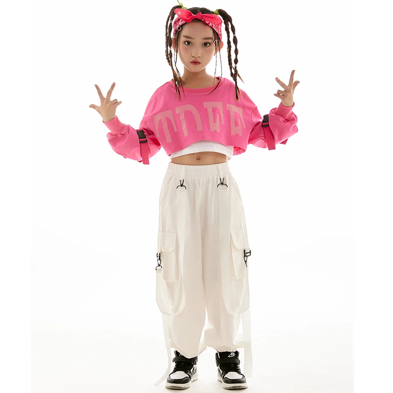 Kpop Kids Hip Hop Dance Clothes For Girls Pink Crop Tops Loose White Pants Modern Jazz Performance Costume Rave Outfit BL9560