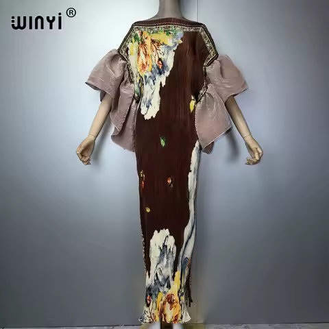 WINYI Pleated Elastic slim dress retro beach cover up muslim woman kaftan abaya dubai luxury long down evening dress