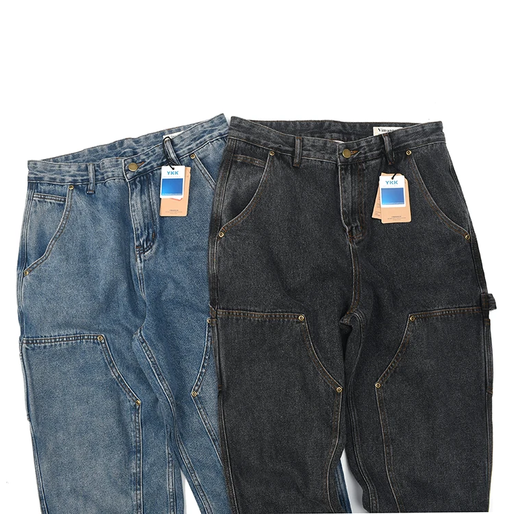 

Retro Washed Workwear Denim Pants Thick Knees Loose Straight Leg Casual Daily Jeans Cotton Recycled Fiber Other Material