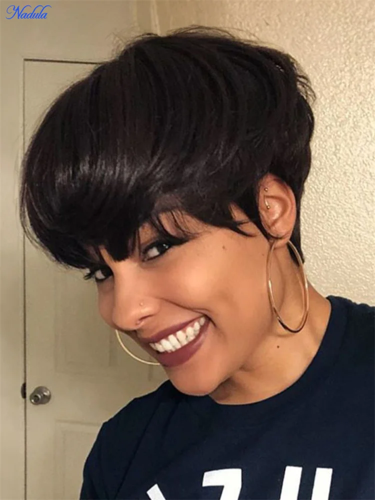 Nadula Pixie Cut BOB Human Hair Wig Natural Black Straight 6 Inch Short Wig with Side Bangs Short Machine Made Human Hair Wig  for Women No Tangle No Shedding