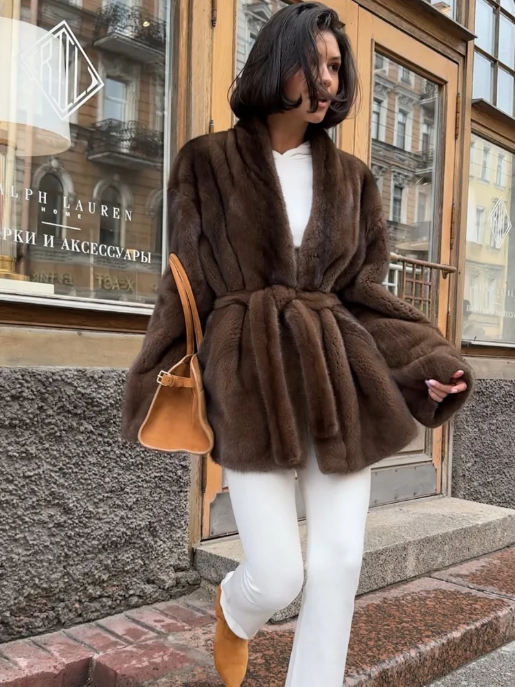Women Fashion Elegant Lace Up Faux Fur Jacket Plush V-neck Long Sleeve Loose Warm Jackets Lady 2025 Winter Commute Street Coats