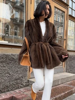 Women Fashion Elegant Lace Up Faux Fur Jacket Plush V-neck Long Sleeve Loose Warm Jackets…