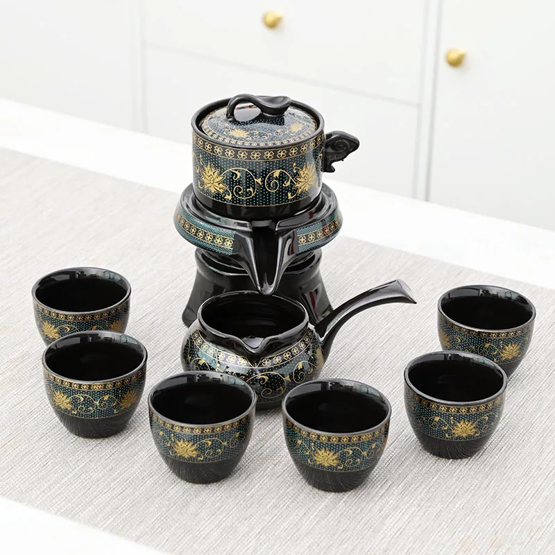 

Creative Full Flower Graphite Automatic Tea Set Rotating Set Retro Ceramic Kung Fu Gift Teapot Teaware Sets