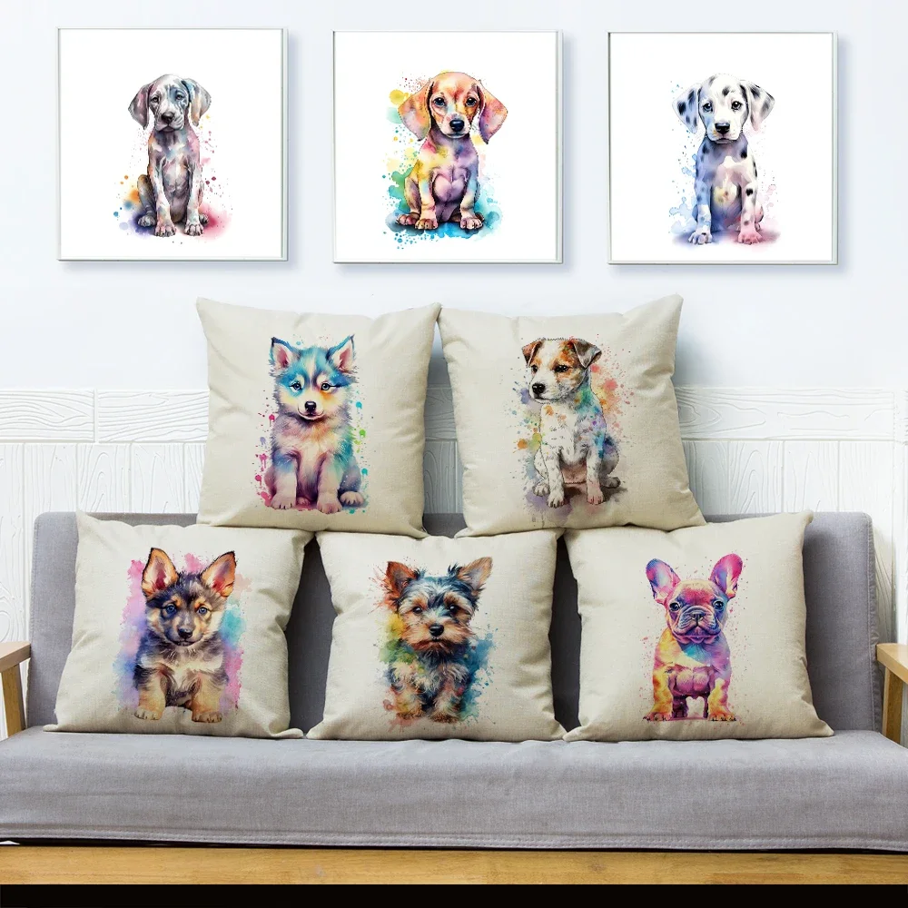 Watercolor Cute Dog Cushion Cover Double Print Decor Lovely Pet Animal Pillowcase Polyester Pillow Case for Sofa Home Car