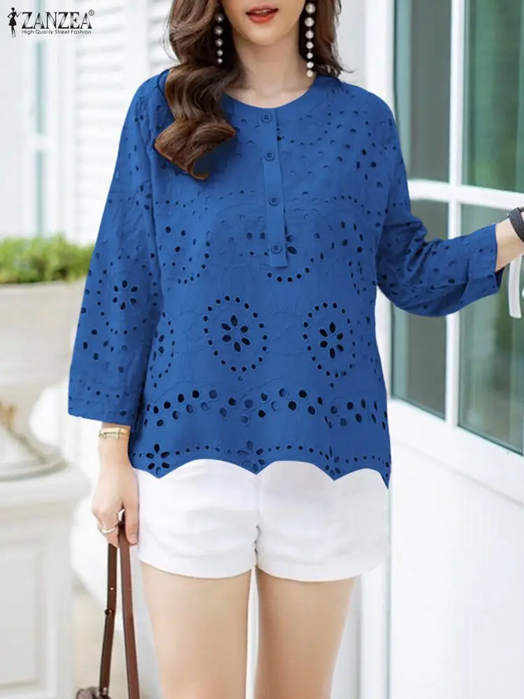 

Stylish Autumn Hollow Out Blouse 2025 ZANZEA Women Embroidered Tops Elegant O Neck Long Sleeve Office Shirt Solid Buttons Blusas